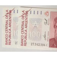 ARGENTINA 1985 . ONE HUNDRED 100 AUSTRALES BANKNOTE . ERROR . RED INK LINE . CONSEC PAIR